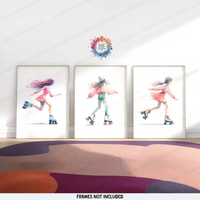 Roller Skating Wall Art - 3 Prints - Girls Bedroom Posters Watercolour Artwork Skate Print Girl Skates Decor Colourful - image 1