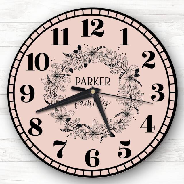 Coral Peach Black Floral Wreath Family Name Personalised Gift Clock - image 1