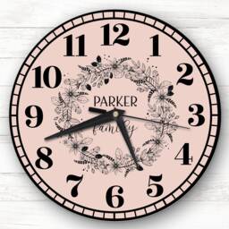 Coral Peach Black Floral Wreath Family Name Personalised Gift Clock