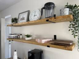 Thick Shelf 22cm With J Lip Brackets, Custom Size, Reclaimed Solid Wood, For Brick Masonry Wall