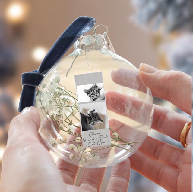 Personalised Cat Mum Photo Bauble Decoration With Dried Gypsophila - image 1