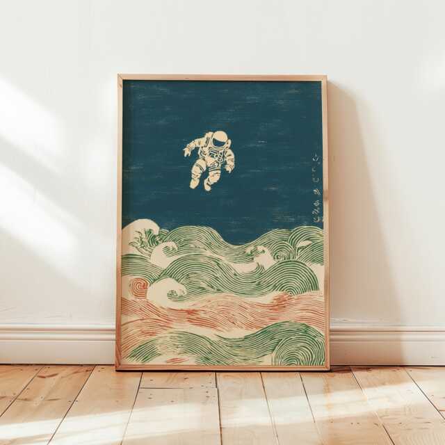 Vintage Japanese Astronaut Poster - Surreal Space Traveler Wall Art Retro Woodblock Great Wave Illustration - image 1
