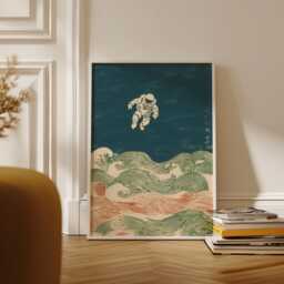 Vintage Japanese Astronaut Poster - Surreal Space Traveler Wall Art Retro Woodblock Great Wave Illustration - thumbnail 2