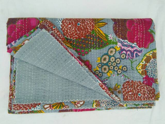 Indian Handmade Pure Cotton Kantha Quilt Blanket Gudri, Bedspread, Bedcover, Coverlet Size-Multi - image 1