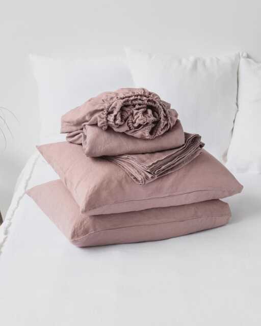 Woodrose Linen Sheet Set - Dusty Pink Stonewashed Bedding Breathable Flat Sheet, Fitted Pillowcases Pure Oeko-Tex Certified - image 1