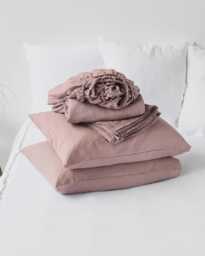Woodrose Linen Sheet Set - Dusty Pink Stonewashed Bedding Breathable Flat Sheet, Fitted Pillowcases Pure Oeko-Tex Certified - thumbnail 1