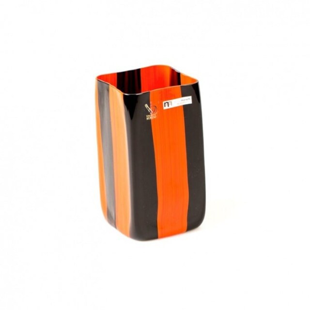 striped Murano Glass Vase Black & Orange Venetian Decor - image 1
