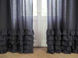 Charcoal Linen Ruffled Curtain Panel, Stonewashed Medium Weight