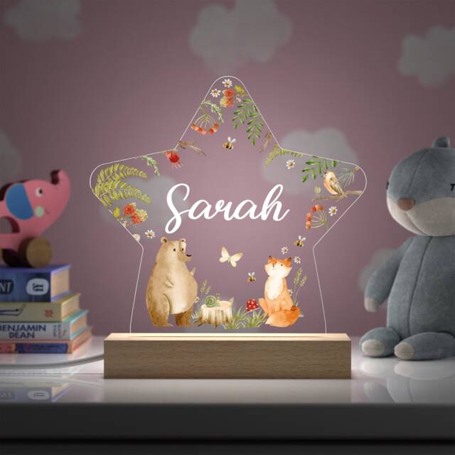 Personalised Woodland Nursery Decor, Kids Star Night Light Gift, Animal Lamp, Birthday Gifts For Kids, Bedroom - image 1