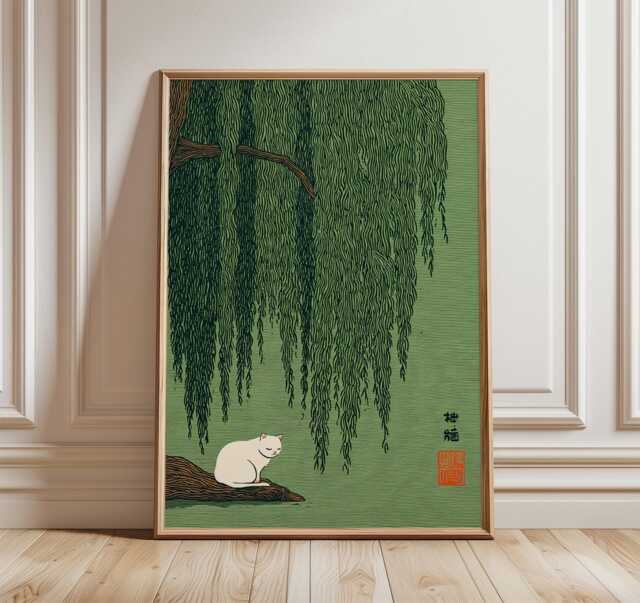 Cat Under Willow Tree Wall Art, Japanese Style Print, Green Nature Poster - image 1