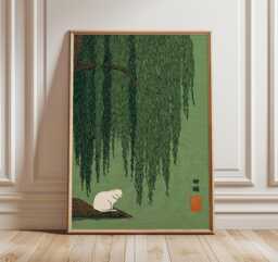 Cat Under Willow Tree Wall Art, Japanese Style Print, Green Nature Poster - thumbnail 1