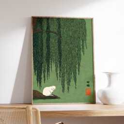 Cat Under Willow Tree Wall Art, Japanese Style Print, Green Nature Poster - thumbnail 2