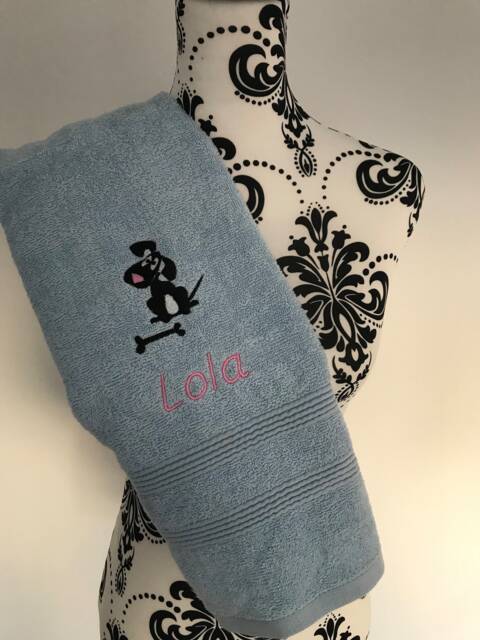 Dog & Bone Towel - Personalised Face Cloth/Hand Bath Embroidered Dog & Text - image 1
