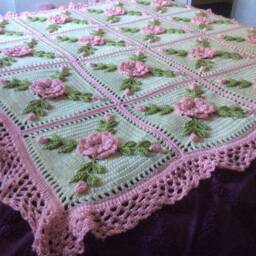 Crochet Rose Afghan Blanket Handmade Floral Throw, Soft Pink & White - thumbnail 2
