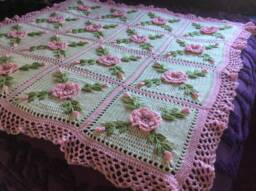 Crochet Rose Afghan Blanket Handmade Floral Throw, Soft Pink & White