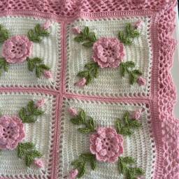 Crochet Rose Afghan Blanket Handmade Floral Throw, Soft Pink & White - thumbnail 3