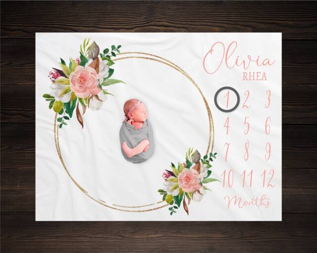 Cotton Floral Milestone Blanket Personalized Monthly Growth Tracker Custom Baby Shower Gift Watercolor Pink Rustic Newborn - image 1