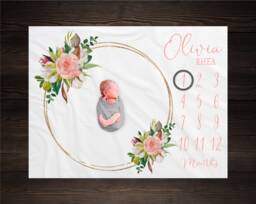 Cotton Floral Milestone Blanket Personalized Monthly Growth Tracker Custom Baby Shower Gift Watercolor Pink Rustic Newborn - thumbnail 1