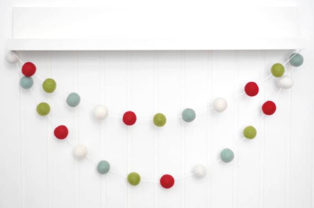 Felt Ball Christmas Garland Red, Green, Mint, White Wool Pom Poms - image 1