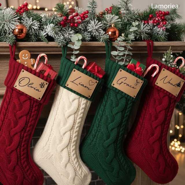 2026 Engraved Leather Patch Christmas Knit Stockings With Name, Family Holiday Decor Gifts, Xmas Monogram Stocking - image 1