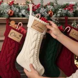 2026 Engraved Leather Patch Christmas Knit Stockings With Name, Family Holiday Decor Gifts, Xmas Monogram Stocking - thumbnail 2