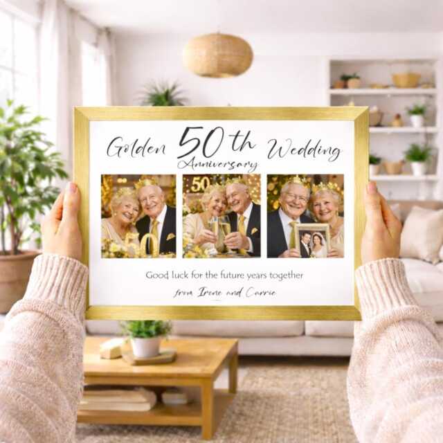 50Th Golden Wedding Anniversary Personalised Photo Frame, Custom 3 Montage Gift For Couples, 50 Year Married Keepsake, 6 Frame Choices - image 1