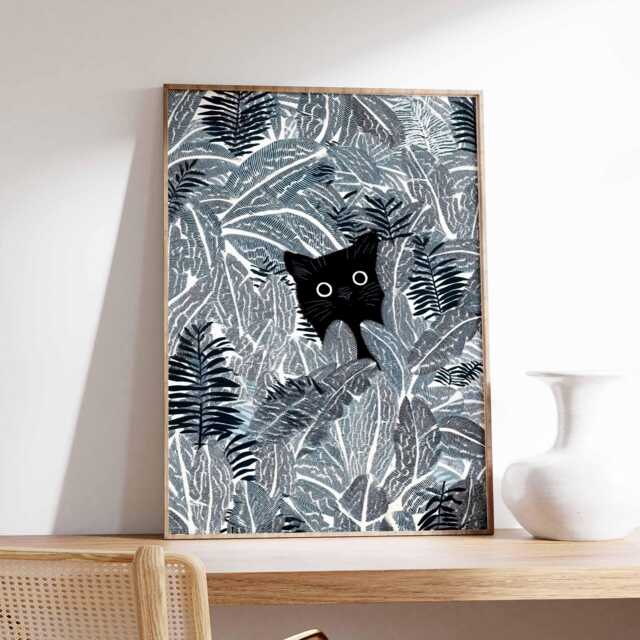 Black Cat Jungle Wall Art Print, Modern Botanical Poster, Minimalist Animal Artwork, Plant Lover Home Decor For Living Room - image 1