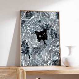 Black Cat Jungle Wall Art Print, Modern Botanical Poster, Minimalist Animal Artwork, Plant Lover Home Decor For Living Room - thumbnail 1
