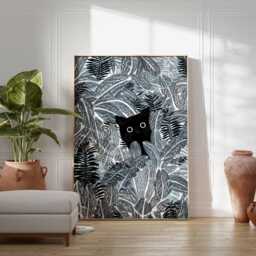 Black Cat Jungle Wall Art Print, Modern Botanical Poster, Minimalist Animal Artwork, Plant Lover Home Decor For Living Room - thumbnail 3