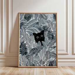 Black Cat Jungle Wall Art Print, Modern Botanical Poster, Minimalist Animal Artwork, Plant Lover Home Decor For Living Room - thumbnail 2