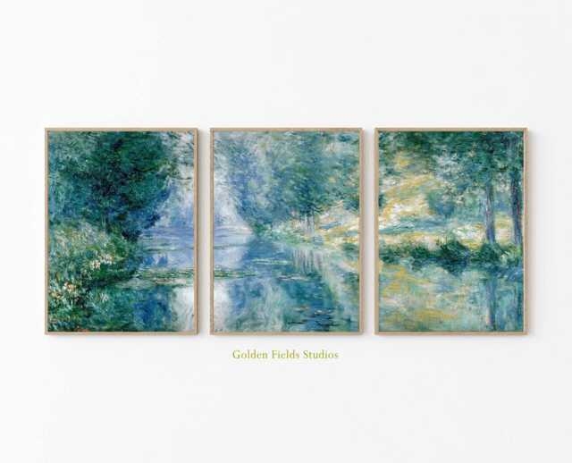 Set Of 3 Impressionist Landscape Posters, River Reflection Wall Art, Blue Green Nature Prints, Monet Style Painting, Elegant Home Decor - image 1