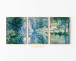 Set Of 3 Impressionist Landscape Posters, River Reflection Wall Art, Blue Green Nature Prints, Monet Style Painting, Elegant Home Decor - thumbnail 1
