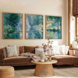 Set Of 3 Impressionist Landscape Posters, River Reflection Wall Art, Blue Green Nature Prints, Monet Style Painting, Elegant Home Decor - thumbnail 3