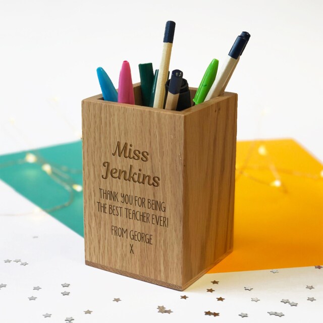 Personalised Oak Pencil Holder Engraved Teacher Thank You Gift - image 1