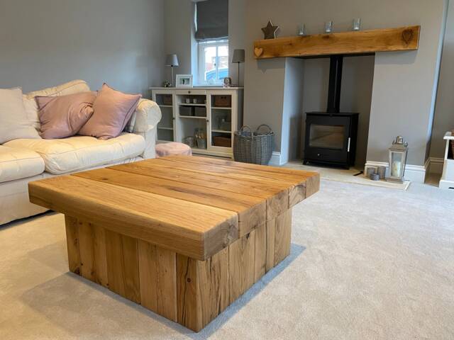 Hand-Crafted Square Oak Sleeper Coffee Table - Pedestal Base, Clear Polyx Oil Finish - image 1