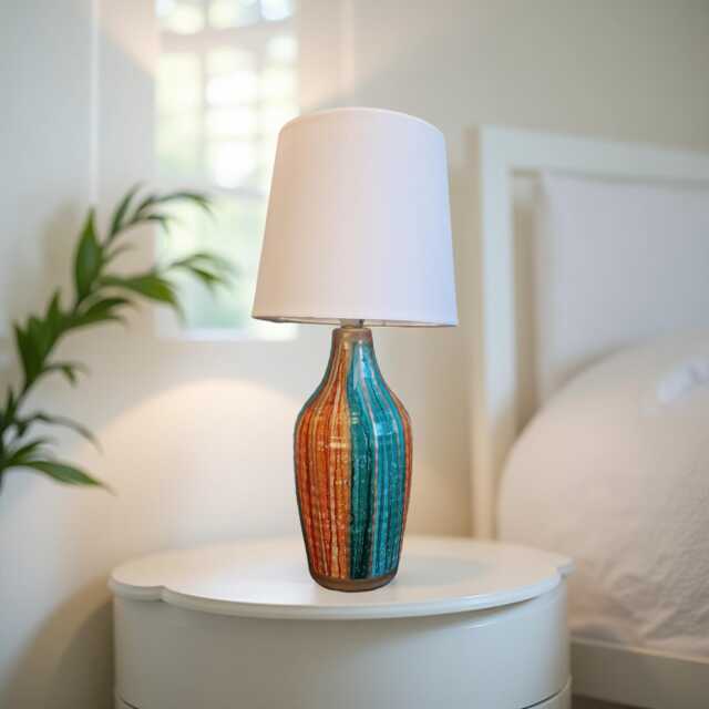 Hand Painted Ceramic Table Lamp Orange Teal Home Decor - image 1