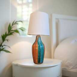 Hand Painted Ceramic Table Lamp Orange Teal Home Decor - thumbnail 1