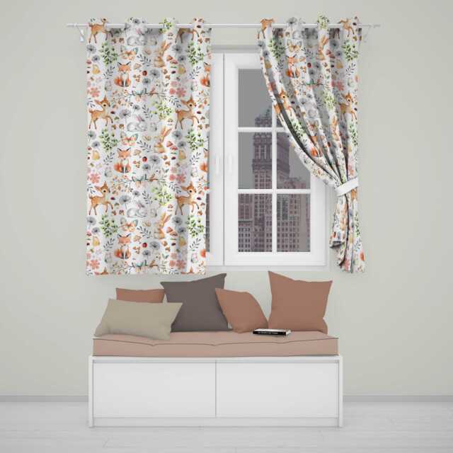 Animals Rabbit Fox Butterfly Floral Elements On Light Grey Seamless Pattern Readymade Eyelet Ring Top Thermal 100% Blackout Curtains - image 1