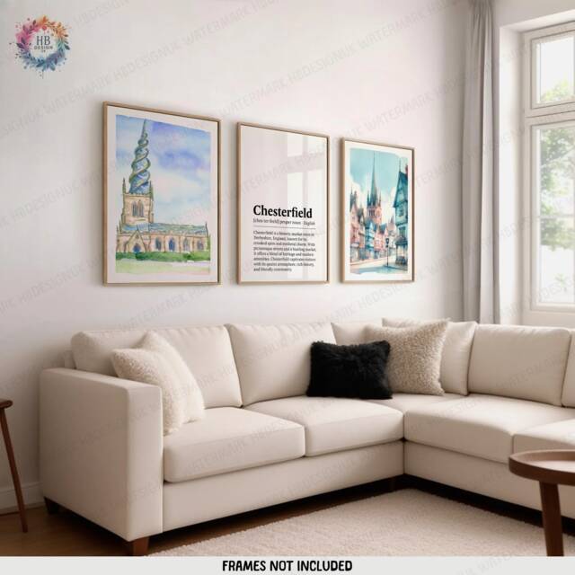 Chesterfield Poster Prints - Set Of 3 Posters - England Travel Wall Art UK Home Decor Artwork Gifts Watercolour Painting Design Print - image 1
