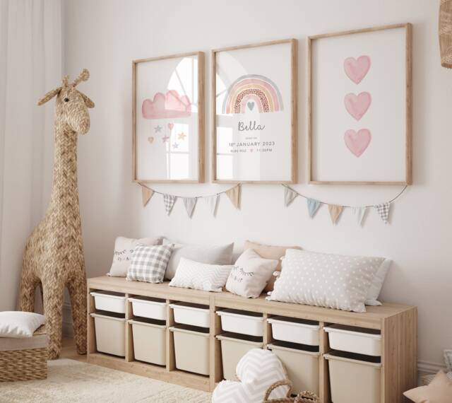 Set Of 3 Girls Personalised Pink Rainbow Nursery Prints Playroom Bedroom Decor - image 1