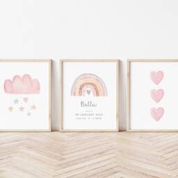 Set Of 3 Girls Personalised Pink Rainbow Nursery Prints Playroom Bedroom Decor - thumbnail 2