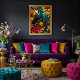 Lovebirds Wall Art - Maximalist Floral Bird Print Teal & Gold Luxe Botanical Decor - thumbnail 1