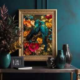 Lovebirds Wall Art - Maximalist Floral Bird Print Teal & Gold Luxe Botanical Decor - thumbnail 2