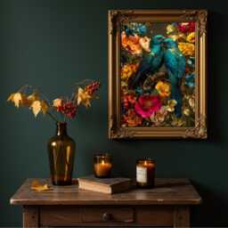 Lovebirds Wall Art - Maximalist Floral Bird Print Teal & Gold Luxe Botanical Decor - thumbnail 3