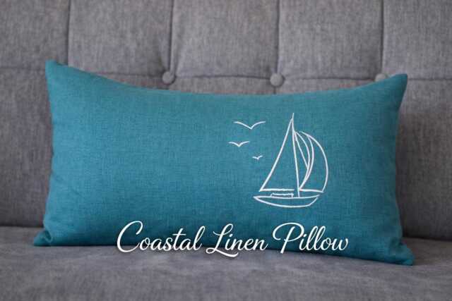 Seafoam Blue Linen Lumbar Pillow - Embroidered Boat Nautical Cushion Cover 12x24 Inches - 31x61cm - image 1