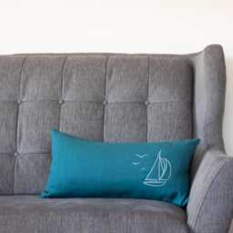 Seafoam Blue Linen Lumbar Pillow - Embroidered Boat Nautical Cushion Cover 12x24 Inches - 31x61cm - thumbnail 2