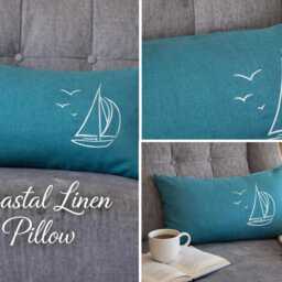 Seafoam Blue Linen Lumbar Pillow - Embroidered Boat Nautical Cushion Cover 12x24 Inches - 31x61cm - thumbnail 3