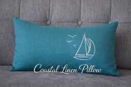 Seafoam Blue Linen Lumbar Pillow - Embroidered Boat Nautical Cushion Cover 12x24 Inches - 31x61cm - thumbnail 1