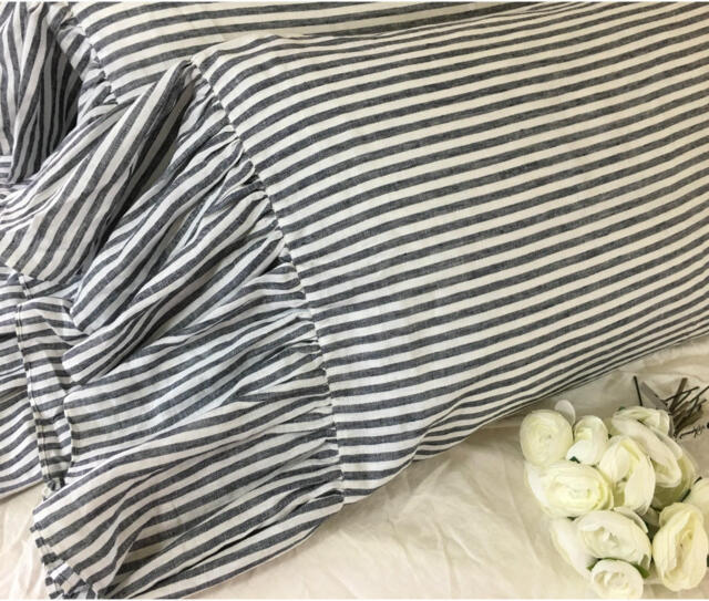 Pair Of Slate Grey & White Striped Pillow Cases With Mermaid Long Ruffles, Linen Shams, Shabby Chic - image 1