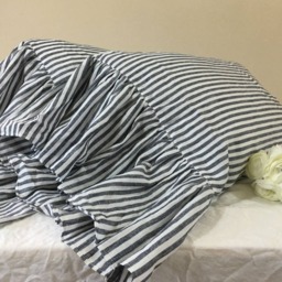 Pair Of Slate Grey & White Striped Pillow Cases With Mermaid Long Ruffles, Linen Shams, Shabby Chic - thumbnail 2